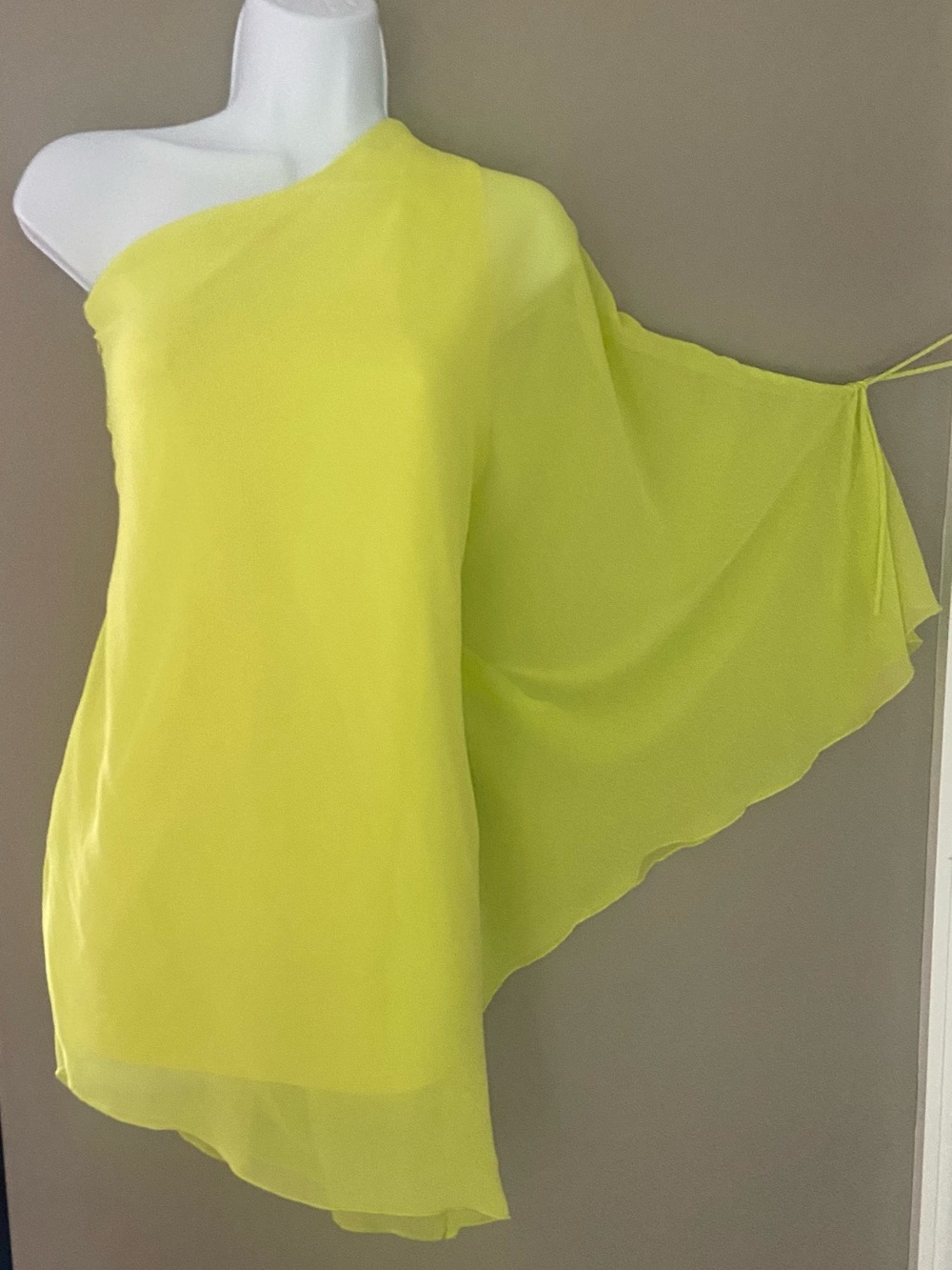 Dramatic One-Shoulder Lime Green Chartreuse  Mini Dress w/ asymmetrical hem